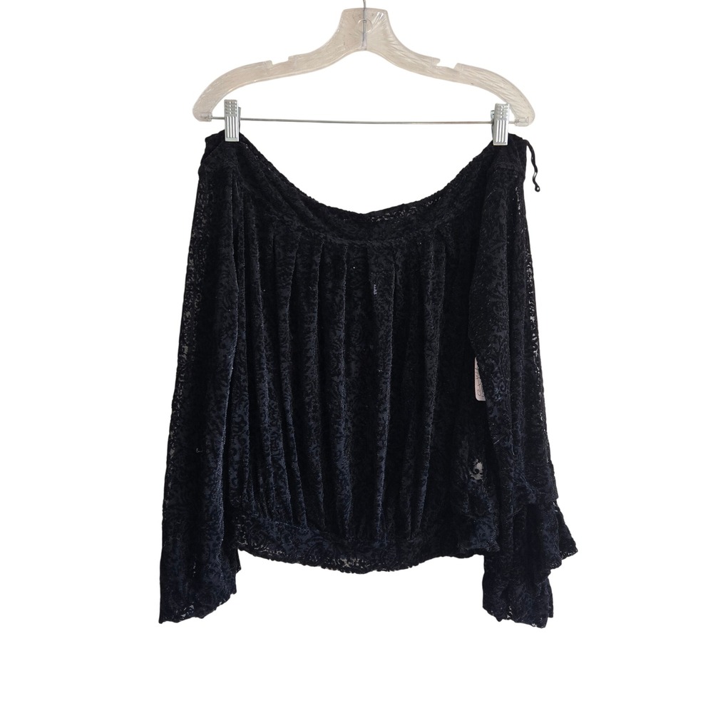 Free People Medium Lace Off-Shoulder Top Women Black NWT Sheer Bell Sleeve Boho